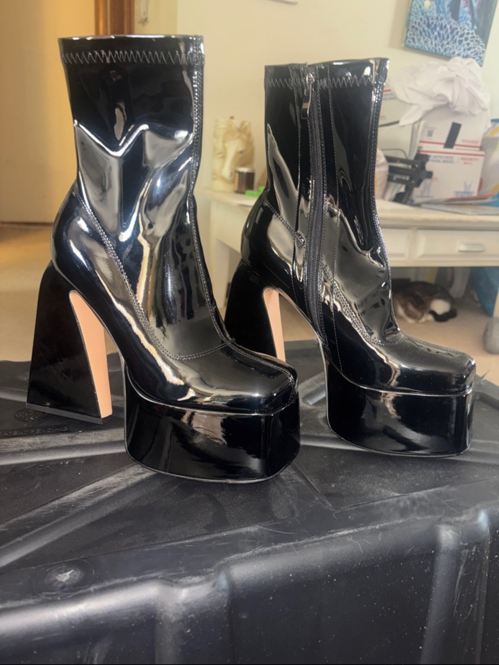 Black Patent Platform Ankle Boots for Women
